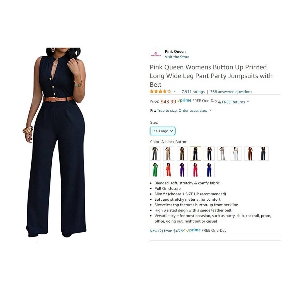 NEW Pink Queen Button Up Long Wide Leg Jumpsuit w/ Belt-XXL